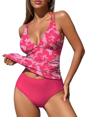 ZAFUL Tummy Control Swimsuits for Women Modest Swimsuits for Women Solid Two Piece Bathing Suits Tummy Control Ruched Tankini Swimsuit with Shorts (Rose Red Floral XL) - Image 1
