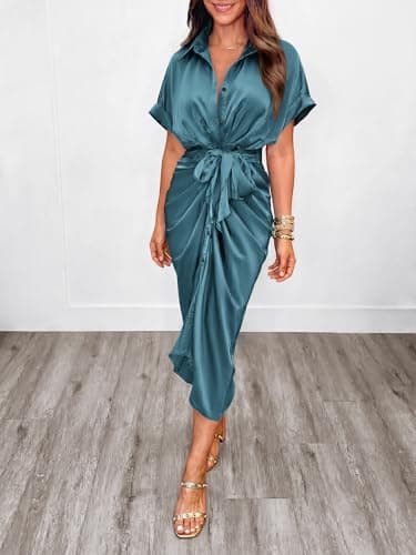 BTFBM Shirt Dresses for Women Spring Button Short Sleeve Silk Satin Ruched Maxi Summer Dress 2026 Cocktail Party Wedding(Blue Green, Small) - Thumbnail 2