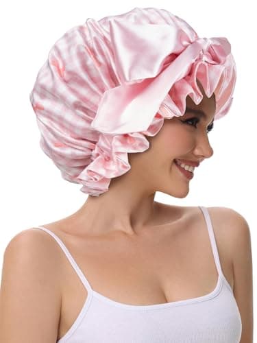 Vettres Cute Adjustable Silk Bonnet for Sleeping Double Layer Satin Cap Hair Sleep Bonnet for Curly Hair Pink White Bow - Thumbnail 6