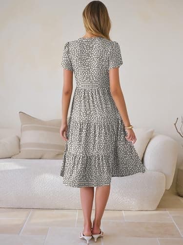 ANRABESS Womens Summer Causal Dresses V Neck Short Sleeve Midi Dress 2026 Flowy Tiered Boho Beach Sundress Vacation Outfits Khaki Polka Dot S - Thumbnail 4