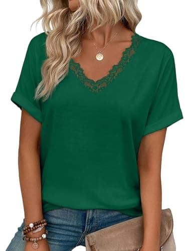 JUSTFASHIONNOW Womens Summer Tops Short Rolled Sleeve V Neck Tshirts 2026 Casual Dressy Business Work Blouses(Green Large) - Image 1