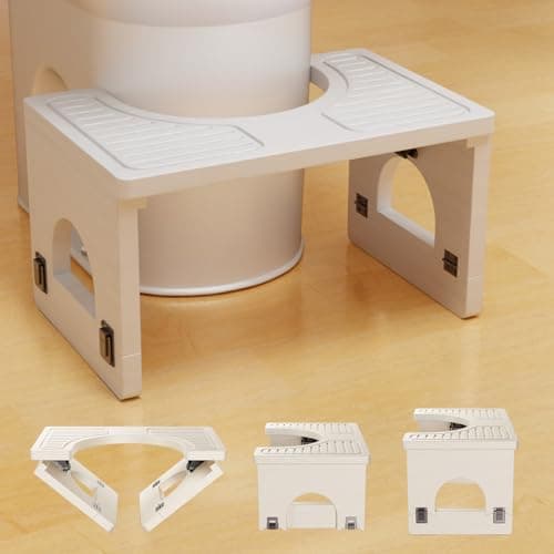 Foldable Toilet Stool with 7 & 9 Inch Adjustable Heights - Non-Slip Squat Stool for Adults & Kids to Improve Bathroom Posture & Comfort, No Installation Required (White)