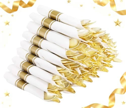 Supernal 240 Pcs Pre Rolled Napkins with Gold Plastic Silverware - 60 Sets Elegant Disposable Wrapped Cutlery: Heavy Duty Gold Forks, Knives, Spoons for Weddings, Parties, & Catering Events - Image 1
