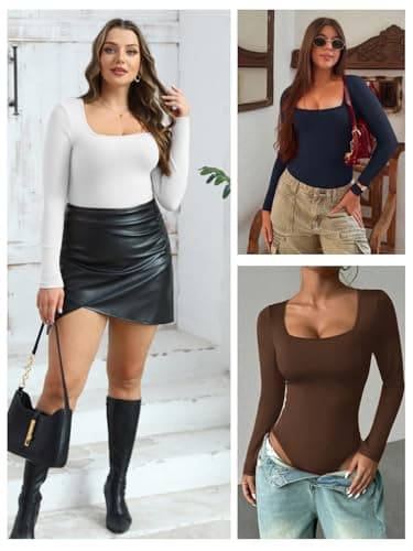 ATHMILE Women's Square Neck Long Sleeve Bodysuit Ribbed Slim Fitted Tops Dark Blue - Thumbnail 5