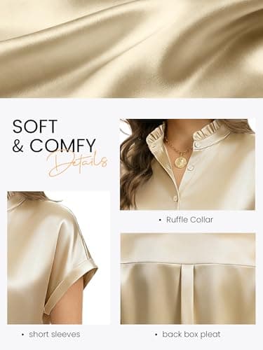 Funlingo Silk Blouse for Women Dressy Casual Striped Short Sleeve Button Down Shirts Summer Ruffle Collared Satin Tops Work Clothes Black Stripe S - Thumbnail 6
