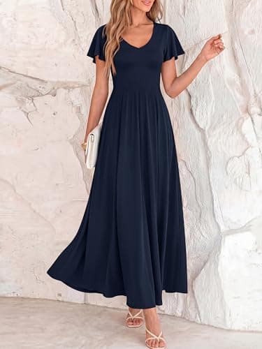 BTFBM Formal Dresses for Women Summer Outfits V Neck Ruffle Sleeve A Line Maxi Elegant Cocktail Wedding Guest Dress 2026(Navy, Large) - Thumbnail 4