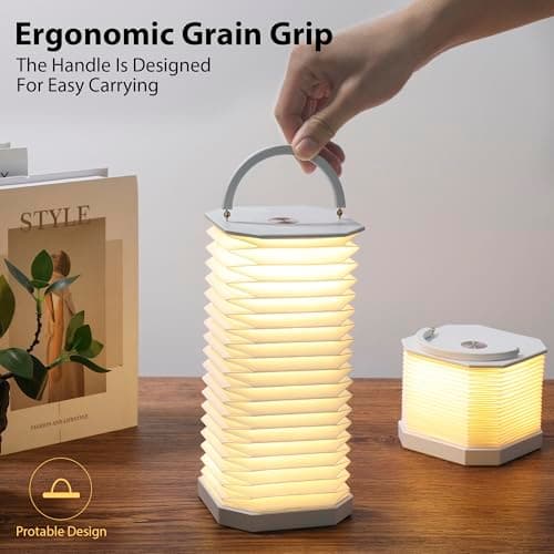 Ba suns Portable Paper Lamp,White Accordion Desk Lamp,Japanese Lanterns lamp for Home Decoration and Gift,Dimmable Bedside Lamp,1200mAh USB Powered Night Light for Bedroom,Office,Reading （White - Thumbnail 4