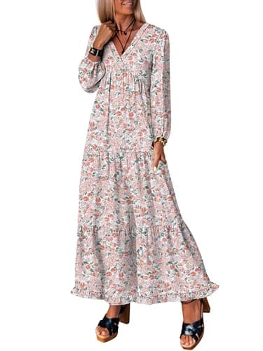 ANRABESS Womens Long Sleeve Boho Maxi Dress 2026 Fall V Neck Floral Striped Casual Loose Fit Beach Vacation Dresses Floral Orange White Medium - Image 1