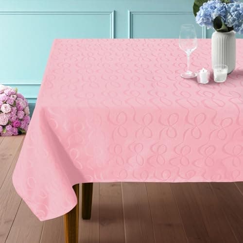 Elegant Tablecloth Rectangle, 60"x120", 1PC Washable Table Cloth for 9ft Table (10-12 Seat) - Cotton Polyester, Wrinkle Resistant, Pink Table Cloths for Valentine's Day & Celebration, Luxury Bows - Image 1