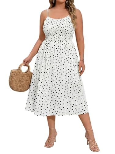 Beautife Women's Plus Size Midi Dress Summer Polka Dot Square Neck Long Dresses Spaghetti Strap Smocked Beach Sundress - Image 1