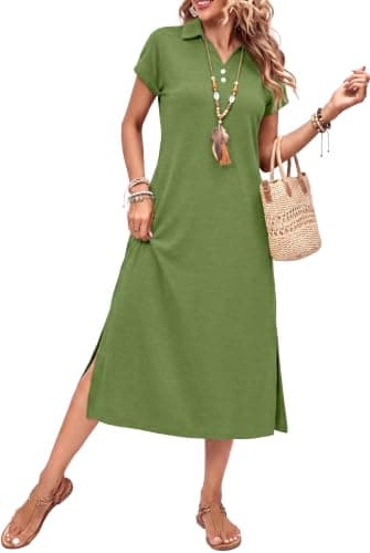 BEXIBOOM Women's Shirt Dress, Summer Maxi Dress with Sleeves, V Neck Collared Cap Sleeve Casual Long Dress with Pockets for Vacation Olive Green-XL
