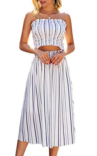 Angashion Women's Floral Crop Top Maxi Skirts Set 2 Piece Outfit Dress 2133 White Striped XL - Image 1