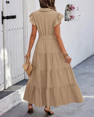 dowerme Women's Summer Casual Dresses 2026 Cap Ruffle Sleeve V Neck Button Belted Tiered Boho Maxi Dress with Pockets(Khaki,Large) - Thumbnail 5
