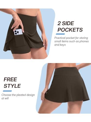 DLOODA Golf Skorts for Women with Pockets Inner Shorts Tennis Skirt High Waisted Athletic Skorts Workout Pickleball,Brown,Large - Thumbnail 5