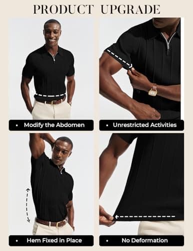 PJ PAUL JONES Casual Shirts for Men Textured Polo Shirt Short Sleeve Quarter Zip Stretch Knit Polo Regular Fit Black M - Thumbnail 4