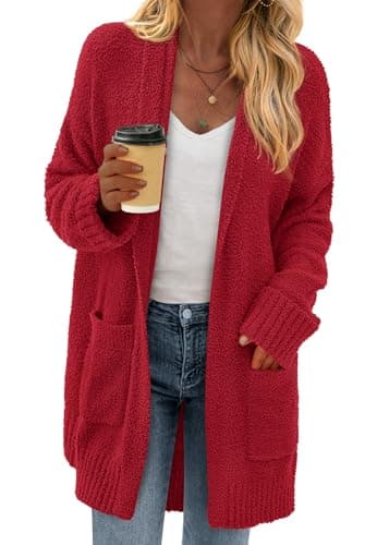 KIRUNDO Cardigan Sweaters for Women 2026 Fall Chunky Fuzzy Knit Open Front Loose Long Sleeve Sweater Coats Winter Clothing(Red, Large) - Image 1
