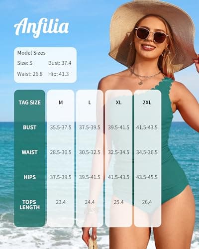ANFILIA One Shoulder Tankini Swimsuit for Women Tummy Control Two Piece Bathing Suit Scalloped Swimwear with Bottom Jade Green - Thumbnail 6