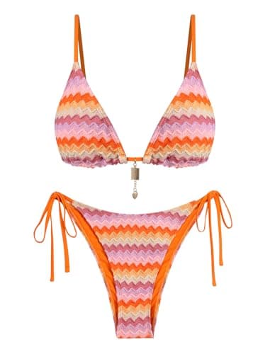 ZAFUL Sexy Orange Crochet Bikini Sets for Women Cheeky Two Piece Tropical Bathing Suits Striped Brazilian High Cut Knit Swimsuit for Vacation Resort Wear - Image 1