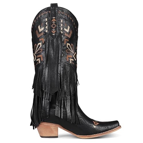 SaraIris Women's Black Cowgirl Boots Knee High Boots Fringe Boots Tassel Boots Western Boots Pointed Toe Boots Cowboy Boots for Women - Thumbnail 5