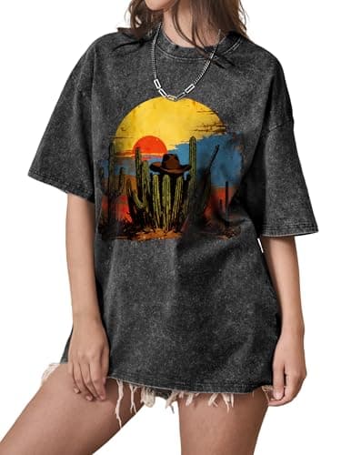 Western Shirts for Women Oversized Graphic Tees Vintage Cowboy Rodeo T Shirts Acid Wash Cattle Skull Casual Short Sleeve Tops - Image 1