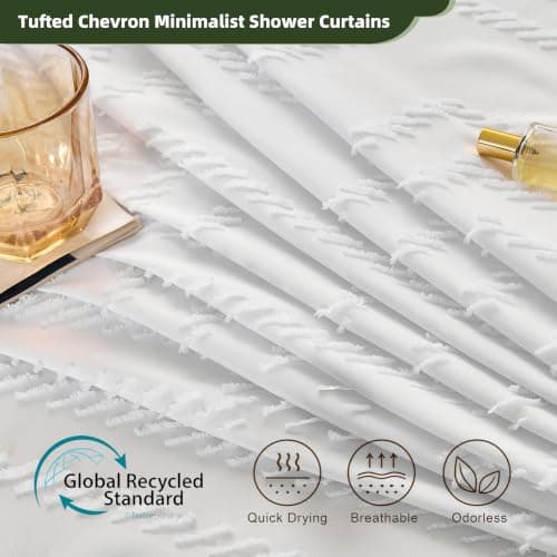 Siiluminisoy White Shower Curtain Fabric Boho Shower Curtain Cloth Textured Tufted Chevron Elegant Shower Curtains Waterproof for Bathroom 72" x 72" - Thumbnail 2
