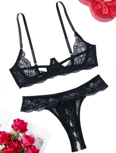 Avidlove Black Lace Lingerie Set for Women Underwire Push Up Bra with Panties Lingerie Set Black XL - Thumbnail 3