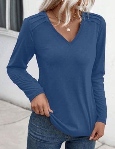 JUSTFASHIONNOW Pleated Long Sleeve Shirts for Women V Neck Dressy Casual Business Blouses Fall Tops 2025 Trendy(Blue,XX-Large) - Thumbnail 2
