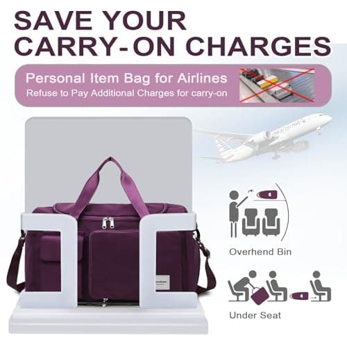 WOOMADA Foldable Travel Duffel Bag with Shoes Compartment, Overnight Bag with Wet Pocket & Trolley Sleeve, Weekender Bags for Women (purple) - Thumbnail 4