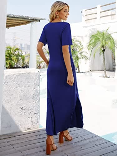 Camdoria Royal Blue Maxi Dress for Women Summer Casual Short Sleeves V Neck Flowy Long Dresses Split Sundress with Pockets Medium - Thumbnail 3