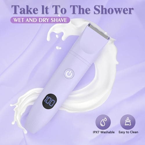 3-in-1 Bikini Trimmer for Women, IPX7 Waterproof Electric Shaver for Women-Rechargeable Electric Razors for Pubic, Facial & Body Hair Trimmer with LED Display, Travel Kit & Painless Blades (Purple) - Thumbnail 5