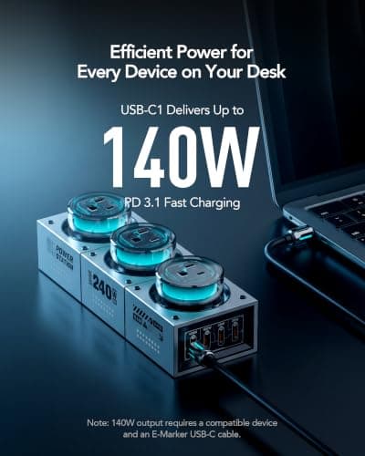 MFish 240W GaN Desktop Charging Station - RGB Gaming Power Hub with PD 3.1 Fast Charging, 7-in-1 Multi-Device Charger (3 AC Outlets + 4 USB-C Ports) for MacBook Pro, Gaming Setup & Creator Workstation - Thumbnail 4