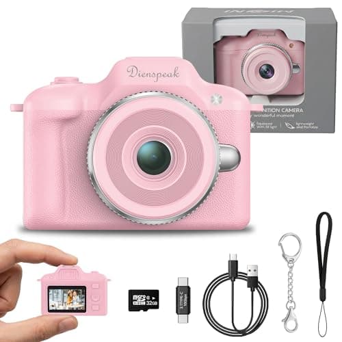 Dienspeak Retro Keychain Camera, 1080P HD Mini Digital Pocket Camera with 32GB Card, Small Portable Vintage Camcorder for Kids Adults, Wearable Tiny Video Recorder for Travel Camp and Party, Pink - Image 1