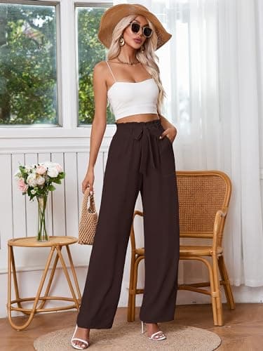 Heymoments Women's Wide Leg Pants with Pockets Dark Brown Small Lightweight High Waisted Tie Knot Paperbag Dressy Palazzo Loose Paper Bag Comfy Business Casual Work Flowy Trousers - Thumbnail 4
