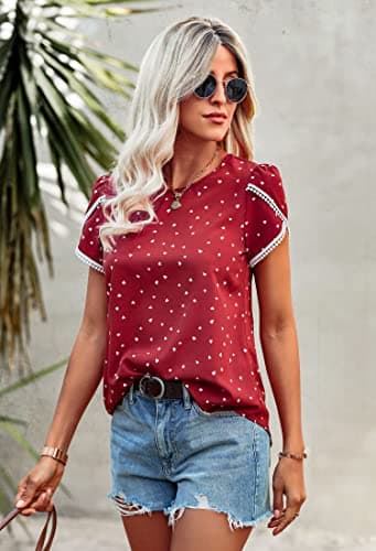 Angashion Women's Tops Casual Floral Print Lace Crochet Short Sleeve Crewneck Summer Loose Blouse Shirt Tunic Top Red White L - Thumbnail 3