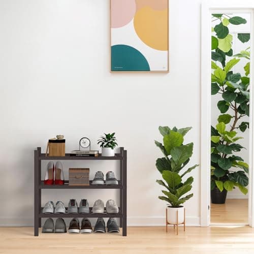 Haddockway Small 3 Tier Bamboo Shoe Rack Storage Organizer, Multifunctional Free Standing Stackable Shoe Shelf with Grid Panel for Closet,Hallway,Entryway,Small Space 18"x11"x17" - Thumbnail 2
