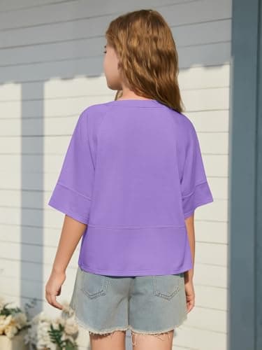 Humordream Girls Shirts Kids Raglan Short Sleeve T Shirts Summer Crewneck Oversized Crop Top Basic Tees 5-14Y Purple - Thumbnail 4