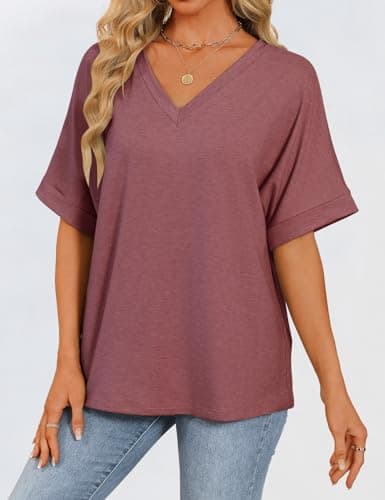 GKBK Womens Oversized T Shirts V Neck Loose Fit Shirts Short Sleeve Summer Casual Tops 2025 Trendy Blouses Y2K Plain Tees Wine M - Thumbnail 2