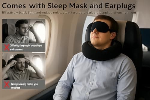 Gourstar Travel Pillow, Travel Pillows for Airplanes, 100% Pure Memory Foam Travel Neck Pillow with Eye Mask & Ear Plugs, Comfort and Ergonomic Design, Ideal for Airplanes, Cars and Offices - Thumbnail 4