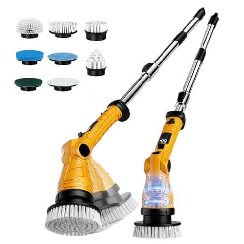Electric Spin Scrubber with 8 Replaceable Brush Heads 6 Adjustable Angle Waterproof LED Display Cordless Cleaning Brush Supplies Bathroom Cleaner Set Long Handle Power Scrubber for Shower Floor Tub