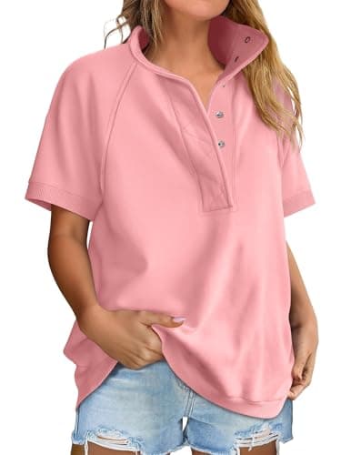 ANRABESS Womens Short Sleeve Tops Oversized Lightweight Sweatshirt Polo Shirts 2026 Summer Casual Button Pullover Top Outfits Pink Large - Image 1