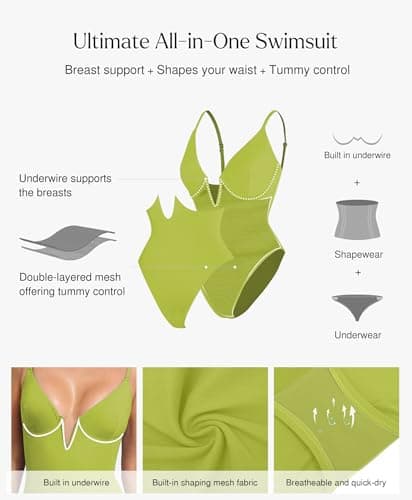 Popilush Tummy Control Swimsuits for Women Shapewear One Piece Underwire Swimsuit Deep V Neck Bathing Suits Summer Beach Pool Vacation Fruit Green - Thumbnail 3