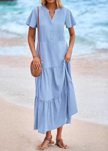 KIRUNDO Summer Maxi Dresses for Women 2026 Spring Fashion Short Sleeve Button V Neck Pleated Loose Tiered Swing Flowy Dress(Light Blue, XX-Large) - Thumbnail 6