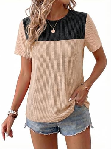BLENCOT Women Tops Color Block Short Sleeve Summer Blouse Knit Crewneck Loose Business Summer 2025 Fashion Spring T Shirts Black Khaki Small - Image 1