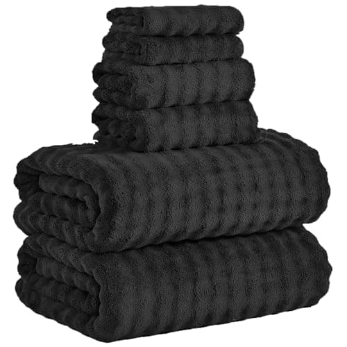 KBY Bath Towels Set 6 Piece 40x80 Inches，2 Extra Large Bath Sheets 2 Hand Towels 2 Washcloths，Highly Absorbent Quick Dry Microfiber,Ultra Soft Towel Set for Bathroom，Spa，Gym， Hotel (Black)