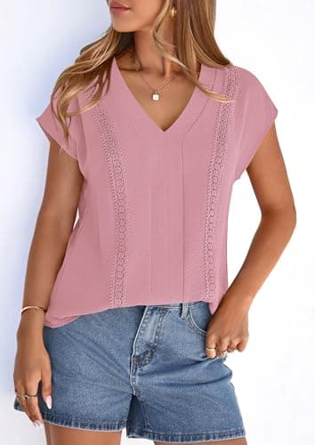 PRETTYGARDEN Blouses for Women Dressy Casual Spring 2026 Cap Sleeve V Neck Lace Trim Boho Tops Work Shirts Summer Clothes (Pink,Medium) - Thumbnail 5