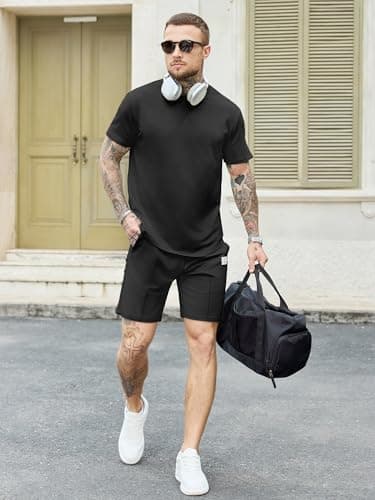 JEMLDL Men's Black 2 Piece Loungewear Set Short Sleeve T-Shirt & Shorts Summer Outfits Casual Comfortable Clothes for Vacation Travel L - Thumbnail 6