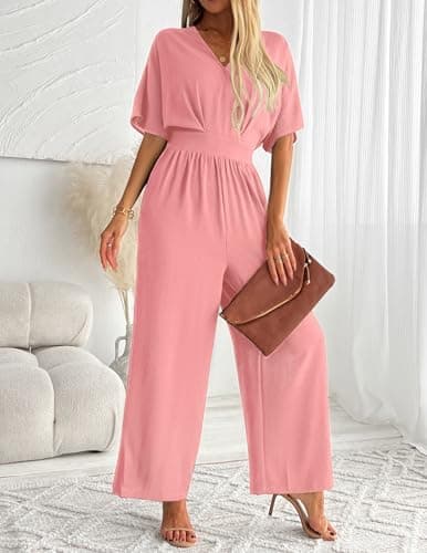 LOOKBOHO Jumpsuits for Women V Neck Elegant Dressy Casual One Piece Romper Batwing Sleeve Wide Leg Jumpsuit Outfits Pink XL - Thumbnail 4