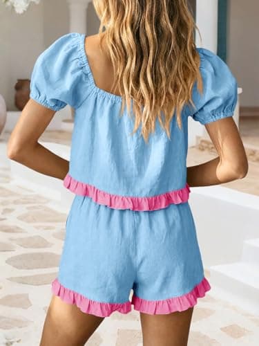 Tankaneo Womens 2 Piece Short Sets Summer Puff Sleeve Square Neck Babydoll Tops Cute Lounge Set Cotton Vacation Outfits - Thumbnail 5