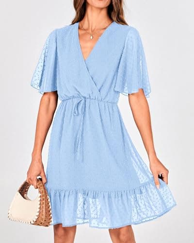 KIRUNDO Womens Summer Dresses 2026 Casual Spring Short Sleeve V Neck Ruffle Swiss Dot High Waist Belted Flowy Mini Dress, Style2-light Blue, Large - Thumbnail 5