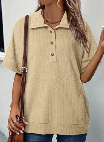 Dokotoo Womens Summer Tops Button Down Short Sleeve Shirts for Women V Neck Casual Solid Shirt Ladies Tops and Blouses Tunics or Tops to Wear with Leggings Women's Clothing Apricot Blouses for Women S - Thumbnail 3